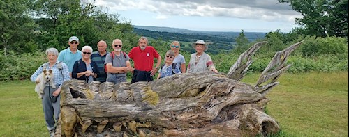 Walking around the edge of the Devon & Somerset Gliding Club field with views behind and wooden dragon sculpture in front.